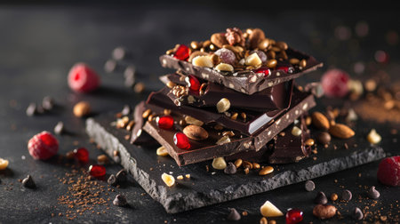Dark chocolate with nuts and fruits on a dark background, combining rich flavors with a visually appealing setup.の素材