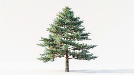 Large pine tree with detailed needles and textured bark, standing out against a white background.の素材