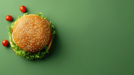 Tasty burger on a green background, offering extensive space for inserting additional images or promotional text.の素材