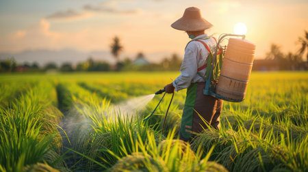 Agriculture worker in Asia using a mechanical sprayer to apply fertilizers to young rice plants in the field.の素材