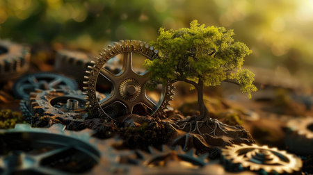 Mechanical gears in motion with a tree sprouting from them, representing innovation and nature.の素材