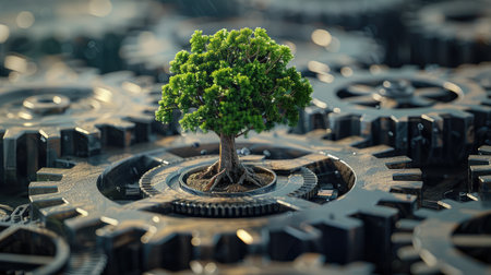 Mechanical gears in motion with a tree sprouting from them, representing innovation and nature.の素材