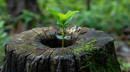 New growth emerging from the heart of a decayed tree trunk, representing regeneration and environmental resilience.の素材