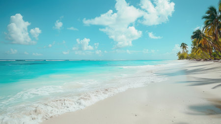 Expansive white sand beach on a tropical island, with sparkling blue waters and palm trees swaying in the breeze.の素材