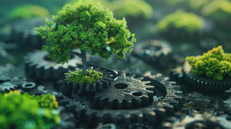 Rotating gears transitioning into a thriving tree, emphasizing sustainable development and innovation.の素材