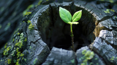 Green sapling emerging from the hollowed-out center of a dead tree trunk, highlighting renewal and hope in nature.の素材