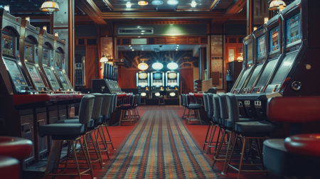 Deserted casino interior, showcasing rows of empty slot machines and vacant card tables.の素材