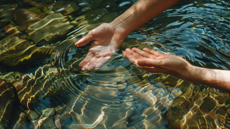 Hands delicately skimming the surface of a clear, pristine river, reflecting the purity of nature.の素材