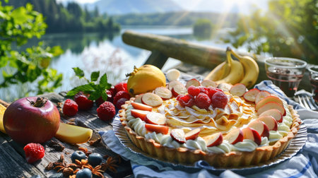 A Banoffee Pie served on a picnic table, accompanied by fresh fruits and a scenic outdoor background.の素材