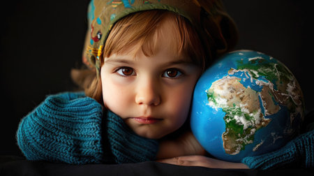 Child with arms wrapped around a globe, symbolizing a commitment to environmental care and protectionの素材