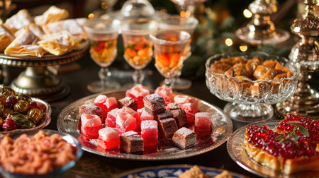 A festive table setting with Turkish delight served alongside baklava and other Middle Eastern sweets.の素材
