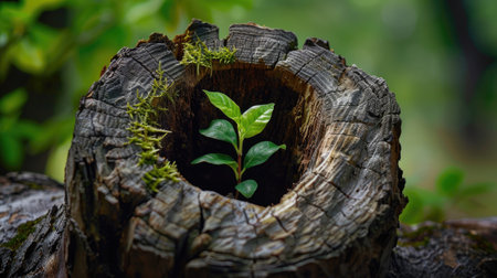 Green sapling emerging from the hollowed-out center of a dead tree trunk, highlighting renewal and hope in nature.の素材