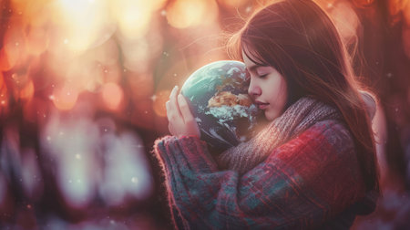 Girl embracing a small planet earth, conveying affection and care for the environment.の素材