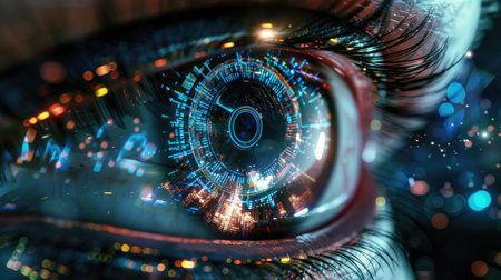 Advanced AI technology displayed within the human eye, visualizing critical business insights in real-timeの素材