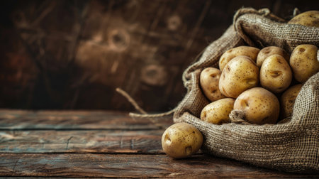 Abundant potatoes displayed in a rustic sack on a wooden table, providing an ideal space to incorporate your message or promotional content.の素材