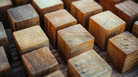 Stylish arrangement of wooden blocks assembled in groups of 3-5, with open spaces on each block ready to accommodate written or printed text.の素材