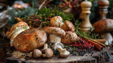 Sumptuous display of freshly foraged porcini mushrooms, sesame mushrooms, and an assortment of herbs and spices, beautifully presented in an artistic arrangement on a wooden surface.の素材
