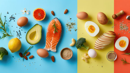 Wholesome keto meal ingredients beautifully presented against a colorful backdrop, highlighting the benefits of including salmon, avocado, eggs, nuts, and seeds in the diet.の素材