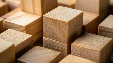 Close-up view of wooden blocks stacked in clusters of 3-5, showcasing blank surfaces primed for displaying custom text, logos, or designs.の素材