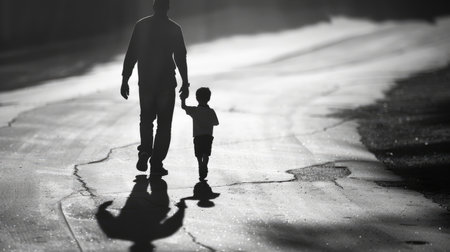 Shadow of father and son walking together, illustrating the importance of guidance and mentorship in family ties.の素材