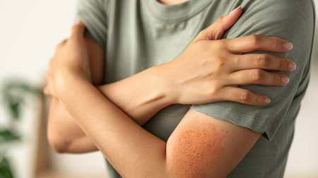 Person scratching an arm with eczema, highlighting the red, inflamed skin and the persistent itchiness associated with the conditionの素材