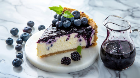 A slice of blueberry cheesecake on a marble countertop, with a small pitcher of blueberry sauce and fresh berries beside it.の素材