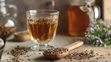 Herbal cumin tea served in elegant glassware, with a wooden spoon filled with aromatic cumin seeds adding a touch of rustic charm.の素材