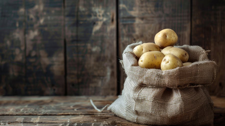 Close-up of raw potatoes nestled in a vintage burlap sack against a textured wooden backdrop, offering a charming setting for your custom messageの素材