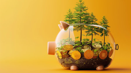 Piggy bank filled with gold coins and small trees sprouting from holes, on a single-color orange background, emphasizing sustainable savingsの素材