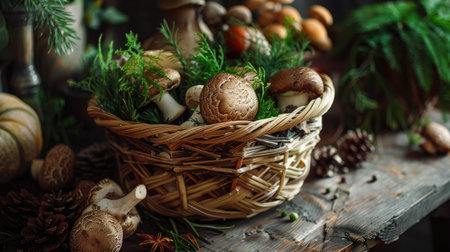 Aesthetic composition featuring a woven basket filled with seasonal delights such as porcini mushrooms, sesame mushrooms, and an array of herbs and spices, arranged on a wooden tableの素材