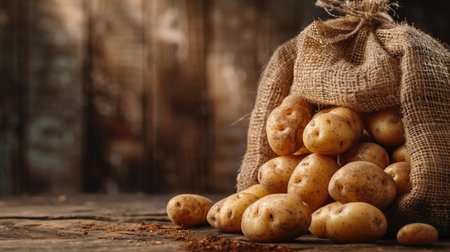 Abundant potatoes displayed in a rustic sack on a wooden table, providing an ideal space to incorporate your message or promotional content.の素材