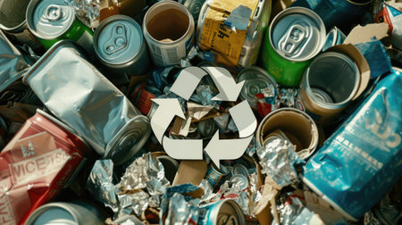 Recycling logo overlaid with images of recyclable materials such as steel cans and milk cartons, promoting environmental stewardshipの素材