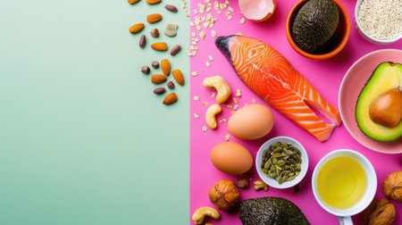 Mouth-watering assortment of keto diet staples - salmon, avocado, eggs, nuts, and seeds - showcased on a brightly colored background, inviting viewers to embrace a healthy lifestyleの素材