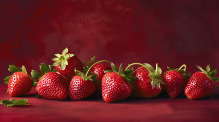 Fresh strawberries showcased against a deep maroon background, enhancing their vivid color and delicious allureの素材