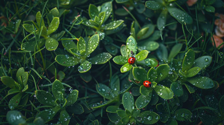 Bright green grass glistening with morning dew, with a lone ladybug moving among the succulent leaves, creating a serene nature sceneの素材