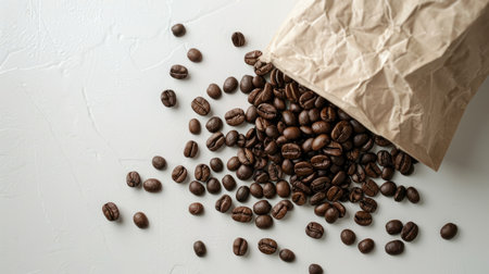Artfully arranged coffee beans spill from a brown paper bag onto a white background, inviting the viewer to indulge in a sensory coffee experienceの素材