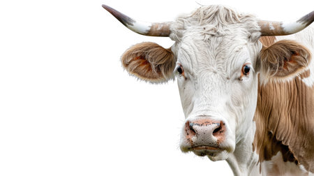 Elegant white-brown cow captured in isolation against a white backdrop, highlighting its natural grace and gentle demeanorの素材