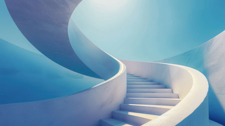 Minimalist design with an interesting spiral architectural motif against a serene blue backdropの素材