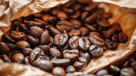 Scattered coffee beans encircle a brown paper bag, capturing the rustic charm and inviting aroma of freshly roasted coffeeの素材