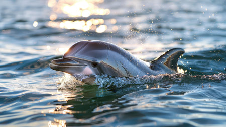Serene dolphin basking in the sunlight, its dorsal fin breaking the surface in a tranquil moment of oceanic blissの素材