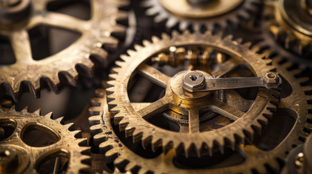 Detailed close-up of old brass gears and cogwheels, emphasizing the craftsmanship of steampunk engineeringの素材