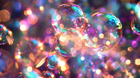 Bubble illumination: Close-up of soap bubbles glowing with radiant light, forming an abstract background filled with iridescent huesの素材