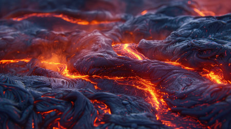Lava landscape: Close-up of molten lava, highlighting the glowing, fluid textures and the intense heat of the magmaの素材