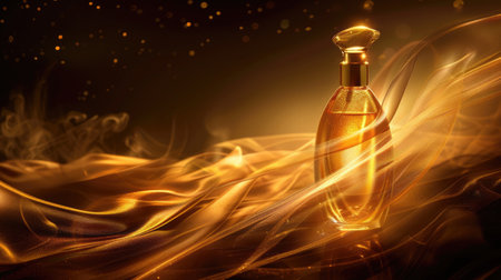 Glamorous cosmetic advertisement featuring a golden translucent bottle with flowing satin details, set against a dramatic dark backdropの素材