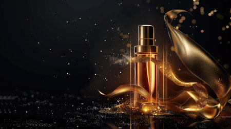 Opulent cosmetic product presentation with a golden translucent bottle and satin elements, radiating luxury on a dark backgroundの素材