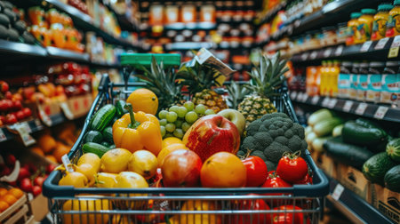Fresh fruits and vegetables arranged in a shopping cart, with aisle view and labeled products on shelves in the background of a busy supermarket, highlighting healthy eatingの素材