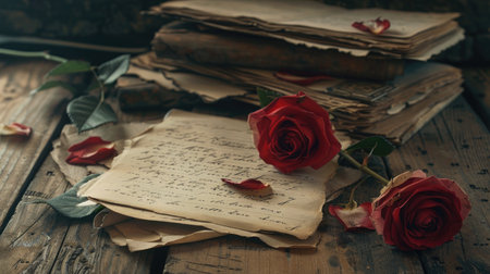 Love's history: Roses and aged love letters on a wooden surface, capturing the essence of romance from a bygone eraの素材