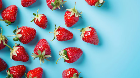 Sweet, plump strawberries presented on a refreshing blue background, hinting at the cool, juicy satisfaction they offerの素材