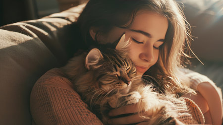 A young woman lovingly holding her fluffy cat on the sofa in the living room, showcasing the affectionate relationship and happiness of having a domestic petの素材
