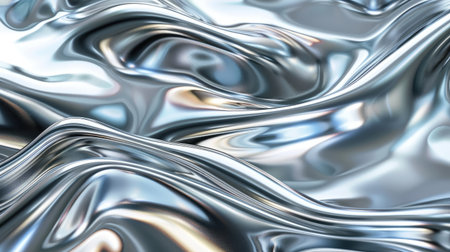 Sleek silver liquid chrome background with dynamic shiny metal waves, perfect for futuristic tech concepts.の素材